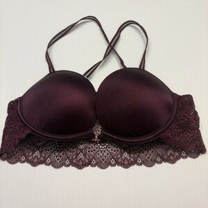 Victoria's Secret PINK Date Super Pushup Bra Size 34B Burgundy Lace Add 2 Cups